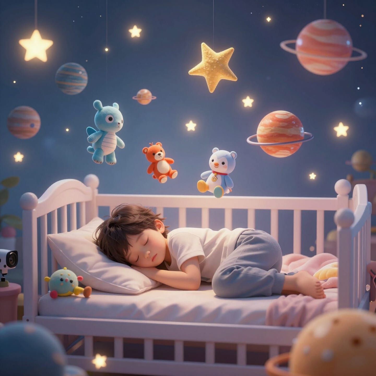 Magical Nursery with Sleeping Child and Levitating Toys