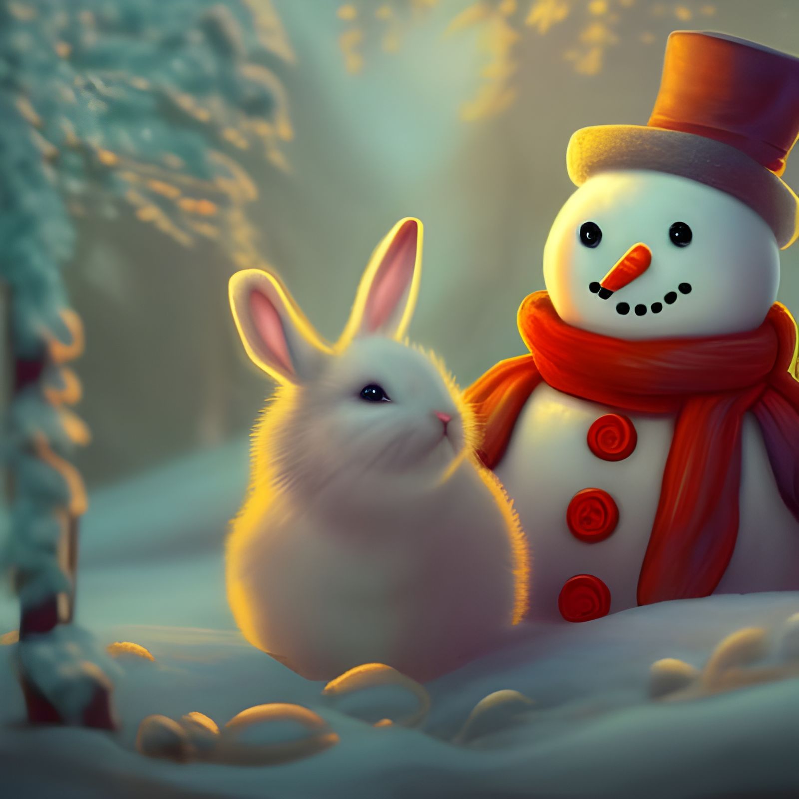 Snowman and Bunny Rabbit Fantasy Concept Art