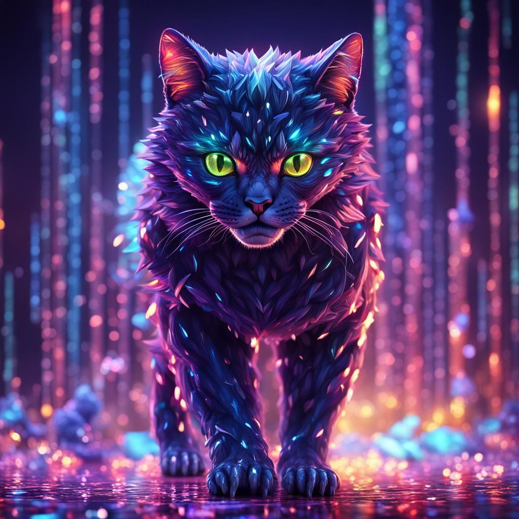 Dark Fantasy Crystal Cat Illustration in Photorealistic Styl...