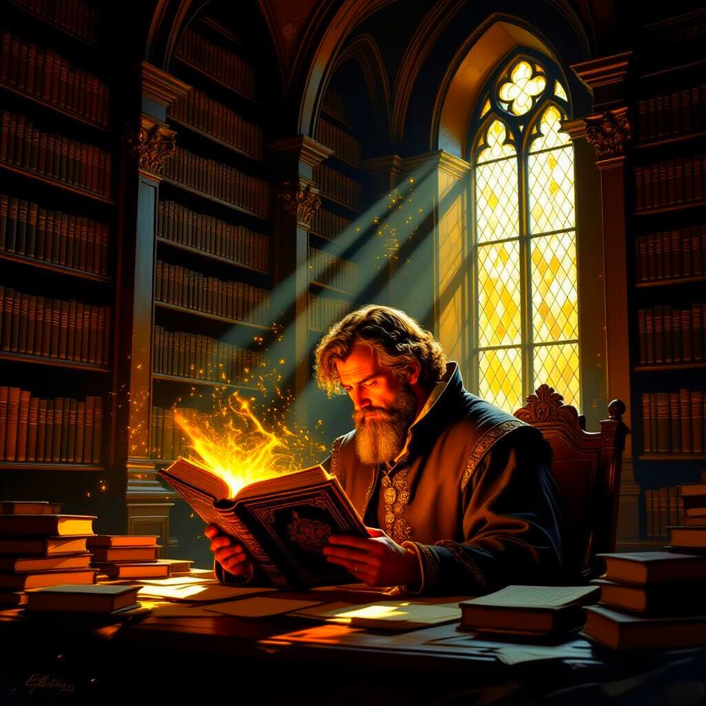 Renaissance Scholar Studies Glowing Tome in Vast Library