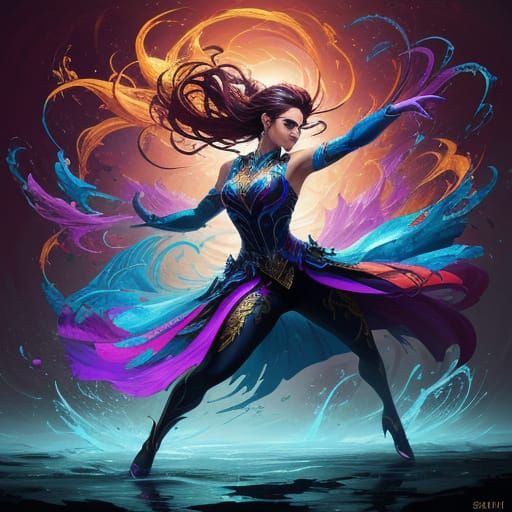 Woman Dancing in Dramatic Splash Art Style