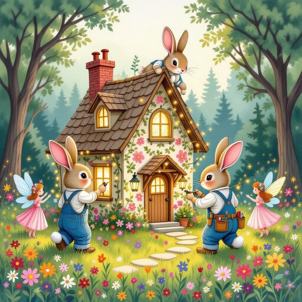 Rabbits Building a Fairy House: Whimsical Acrylic Art