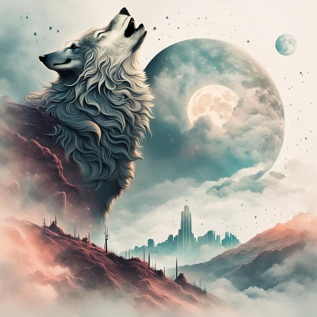 Cyberpunk Wolf Howling at Moonlit Sky