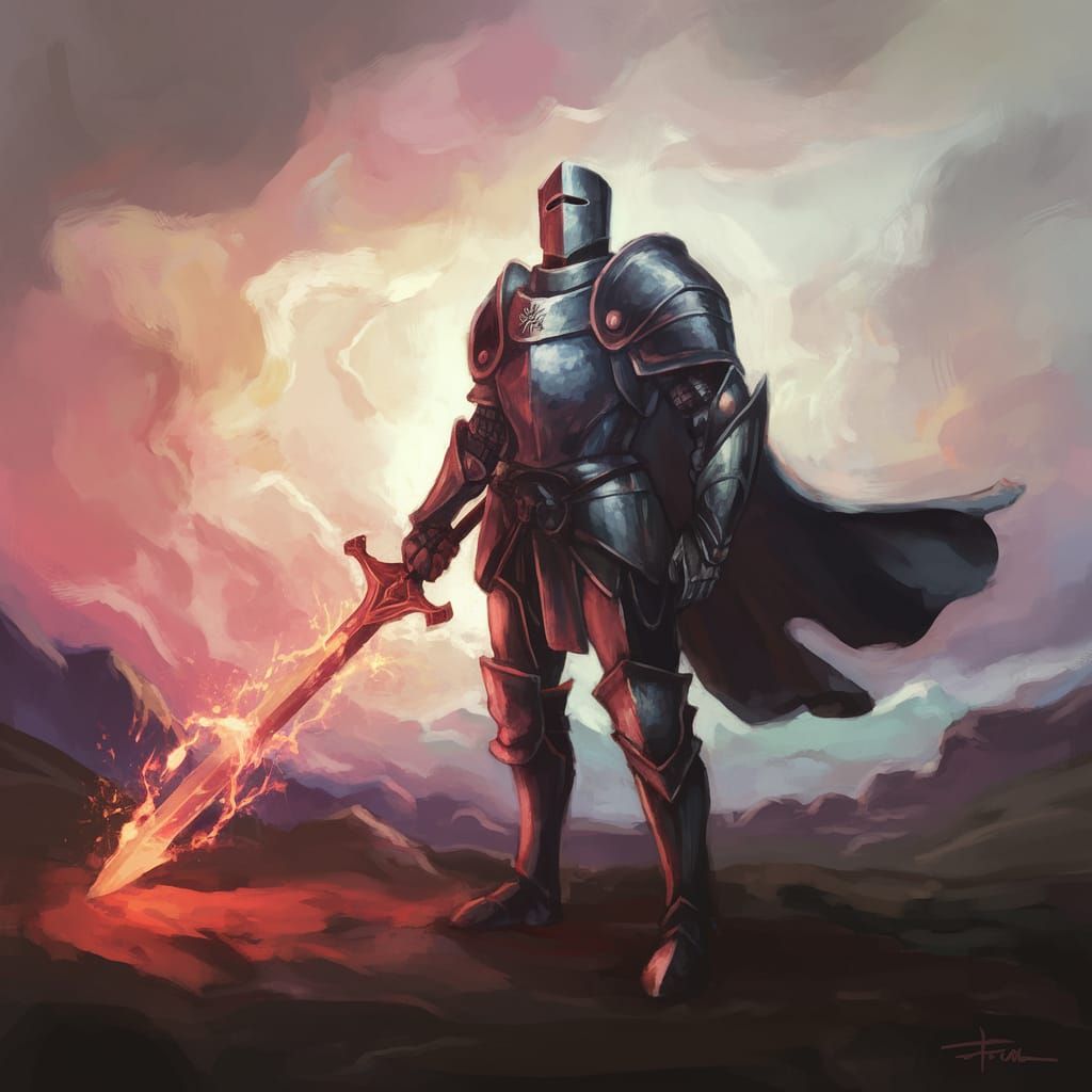 Mystical Knight in Ethereal Landscape with Flaming Sword