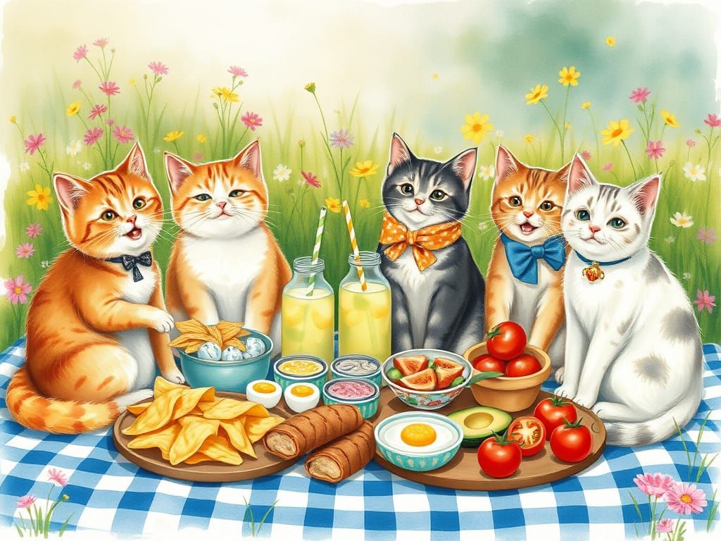 Whimsical Cats Enjoy a Classic Meadow Picnic