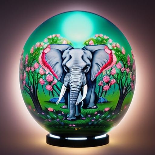 Elephant in Bioluminescent Sphere with Cherry Blossoms