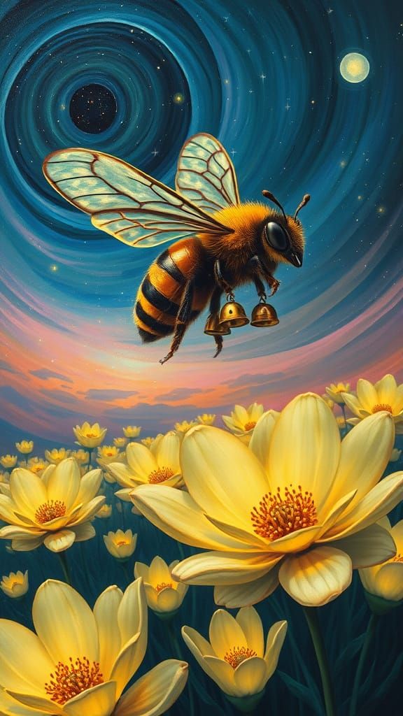 Surreal Oil Painting of a Whimsical Flying Bee with Golden B...