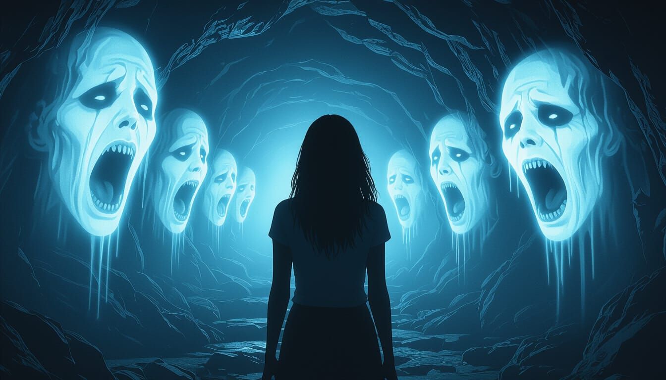 Eerie Cavern: Ghostly Faces in a Cinematic Horror Animation