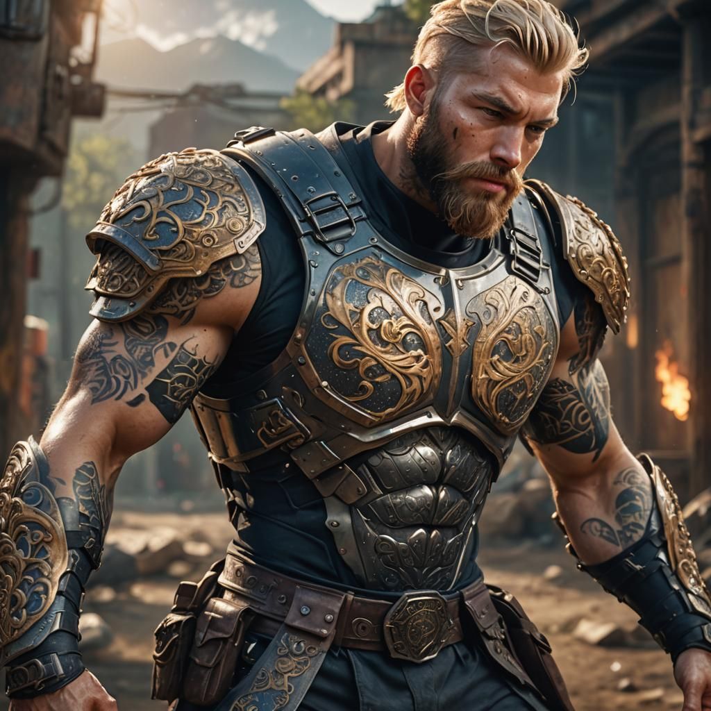 Armored Warrior with Tattoos Training, Detailed Digital Art