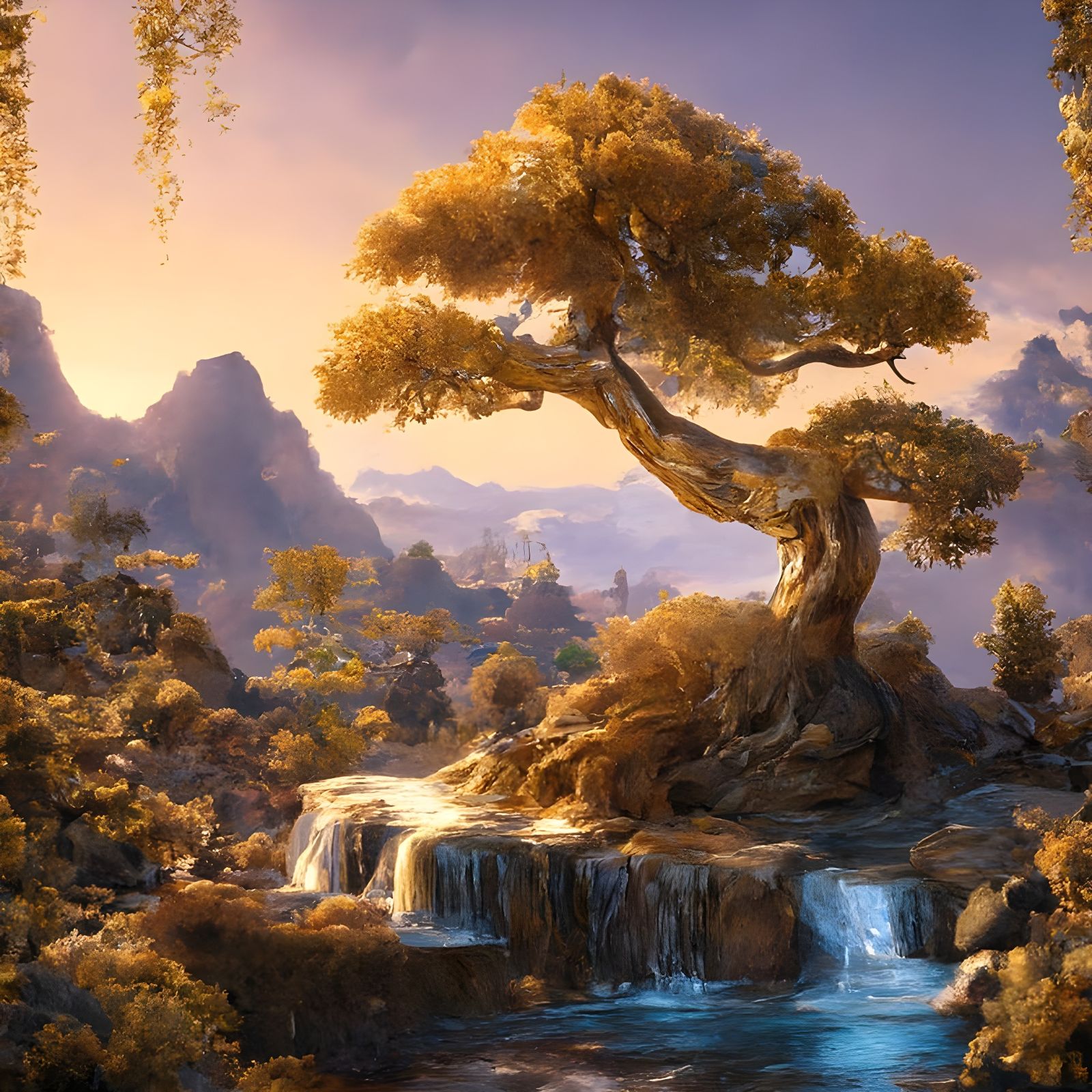 Golden Bonsai Tree in Secret Garden