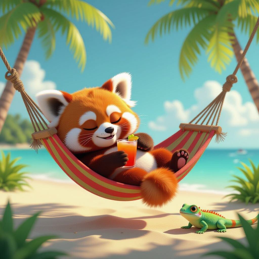 Cute Red Panda Relaxing in Hammock on Beach