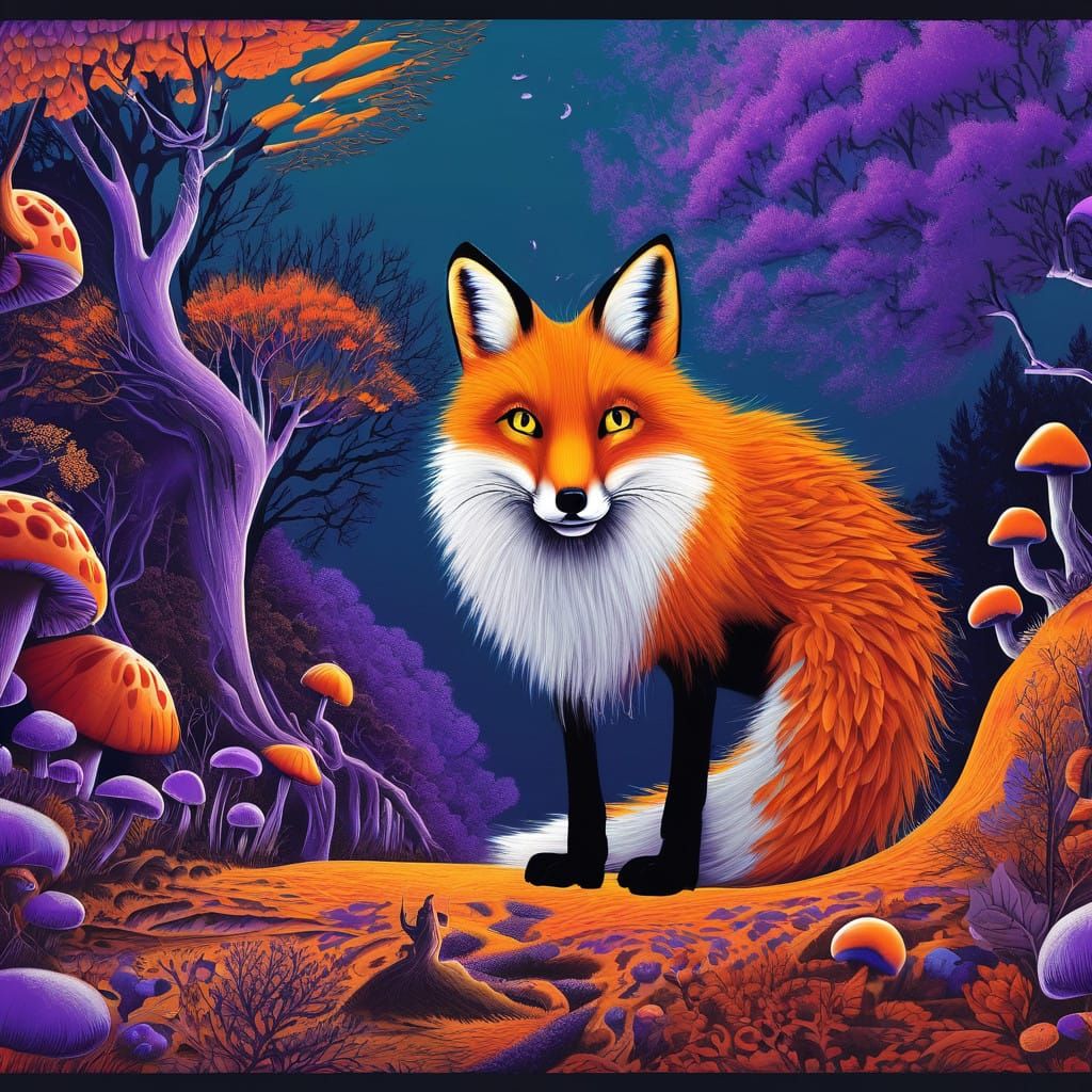 Regal Fox in Vibrant Dreamscape with Twisted Trees and Glowi...