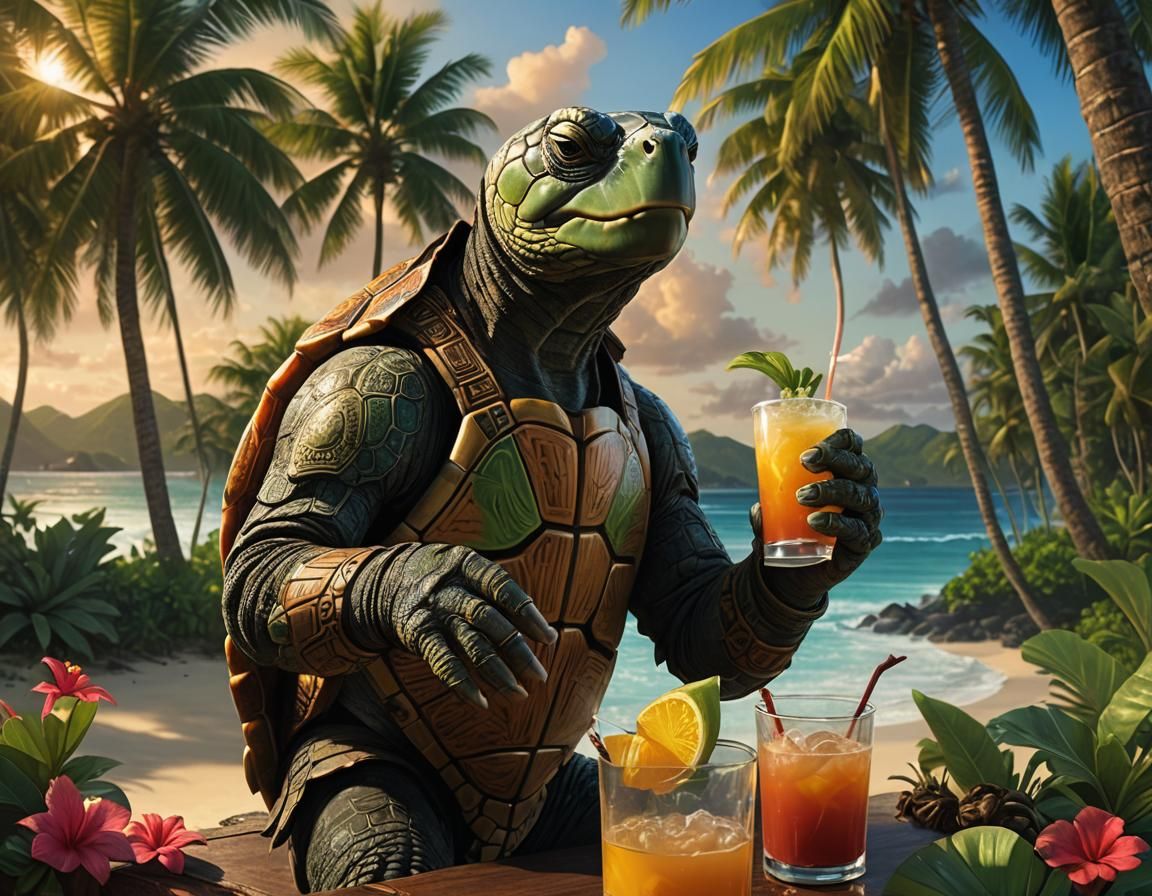 Anthropomorphic Turtle on Tropical Island, Detailed 3D Rende...