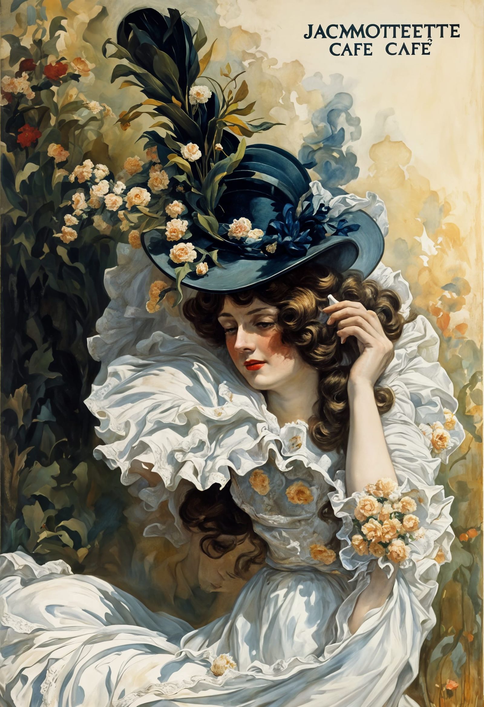 Elegant Woman in Art Nouveau Cafe Interior