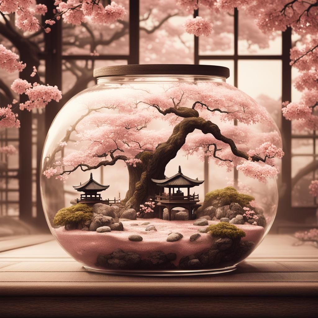 Miniature Zen Garden in Jar with Sakura Trees