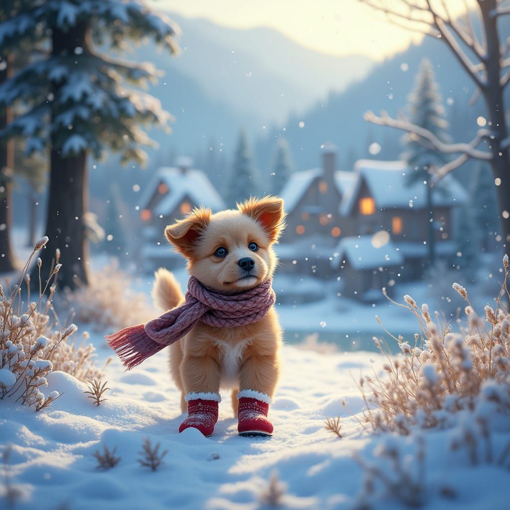 Whimsical Village Dog Plays in Snowy Wonderland