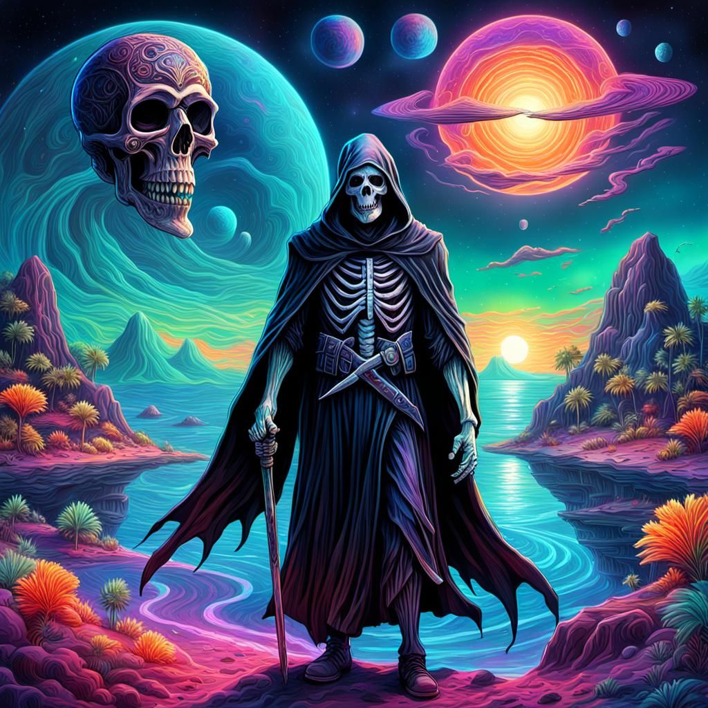 Psychedelic Grim Reaper on Alien World: Astral Illustration