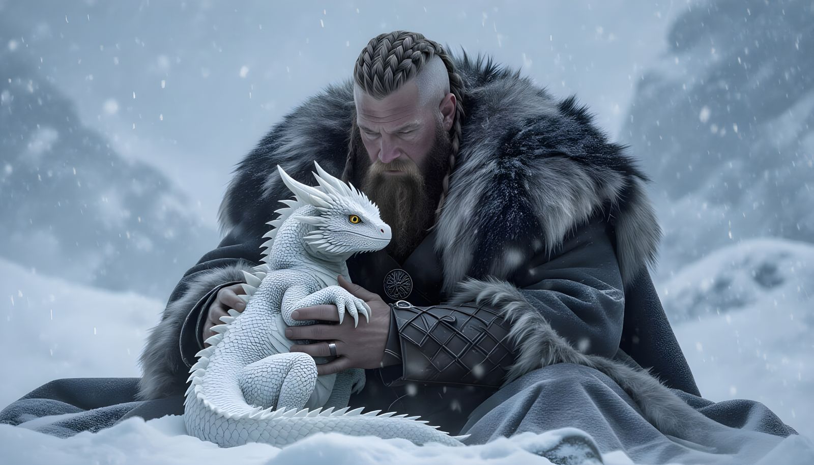 Viking Warrior Holds Tiny Dragon in Snowstorm
