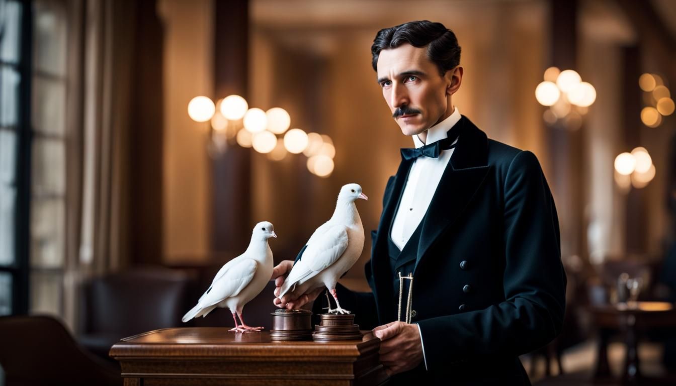 Nikola Tesla and White Pigeon Portrait