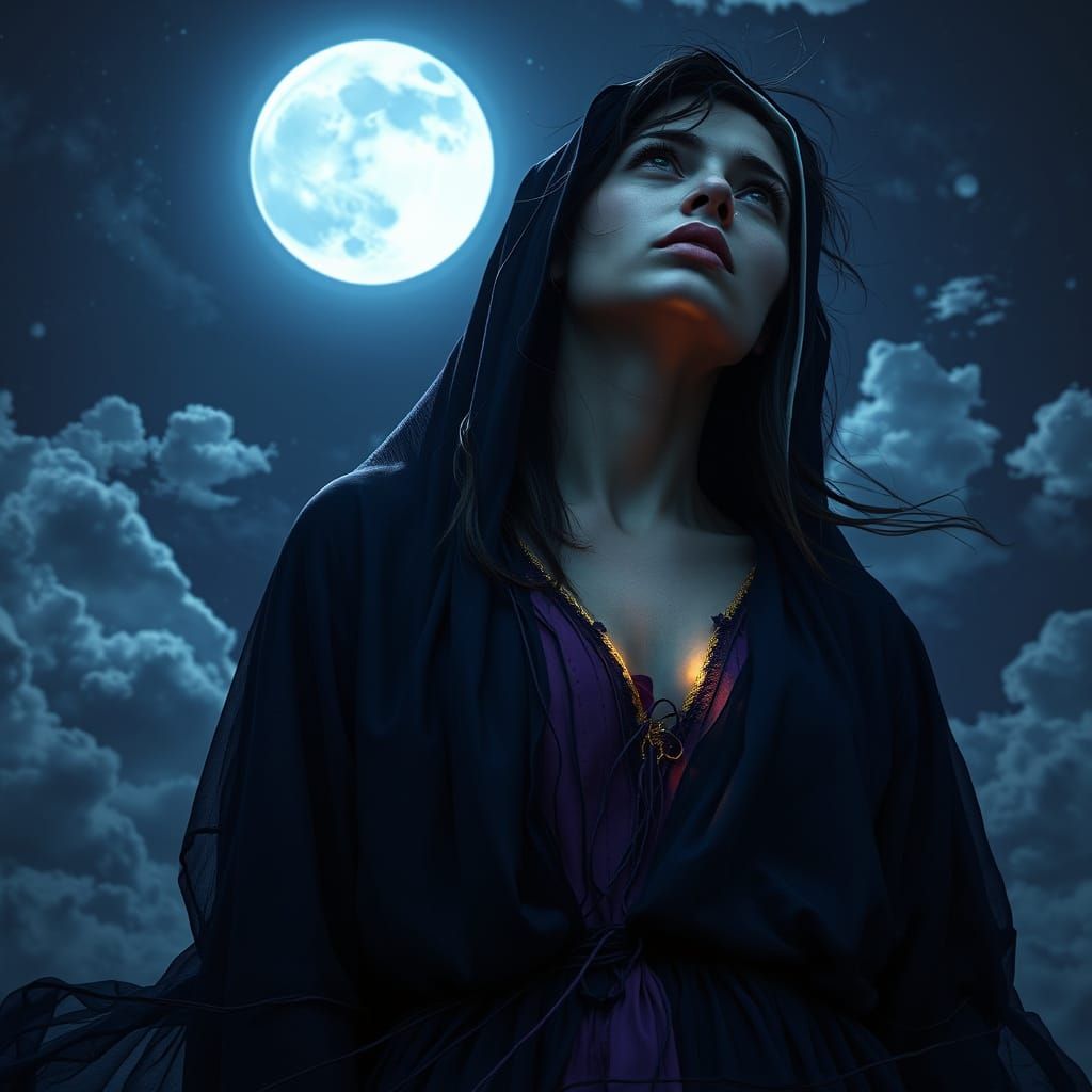 Mournful Gothic nun, mid-length dark hair dishevelled, her f...