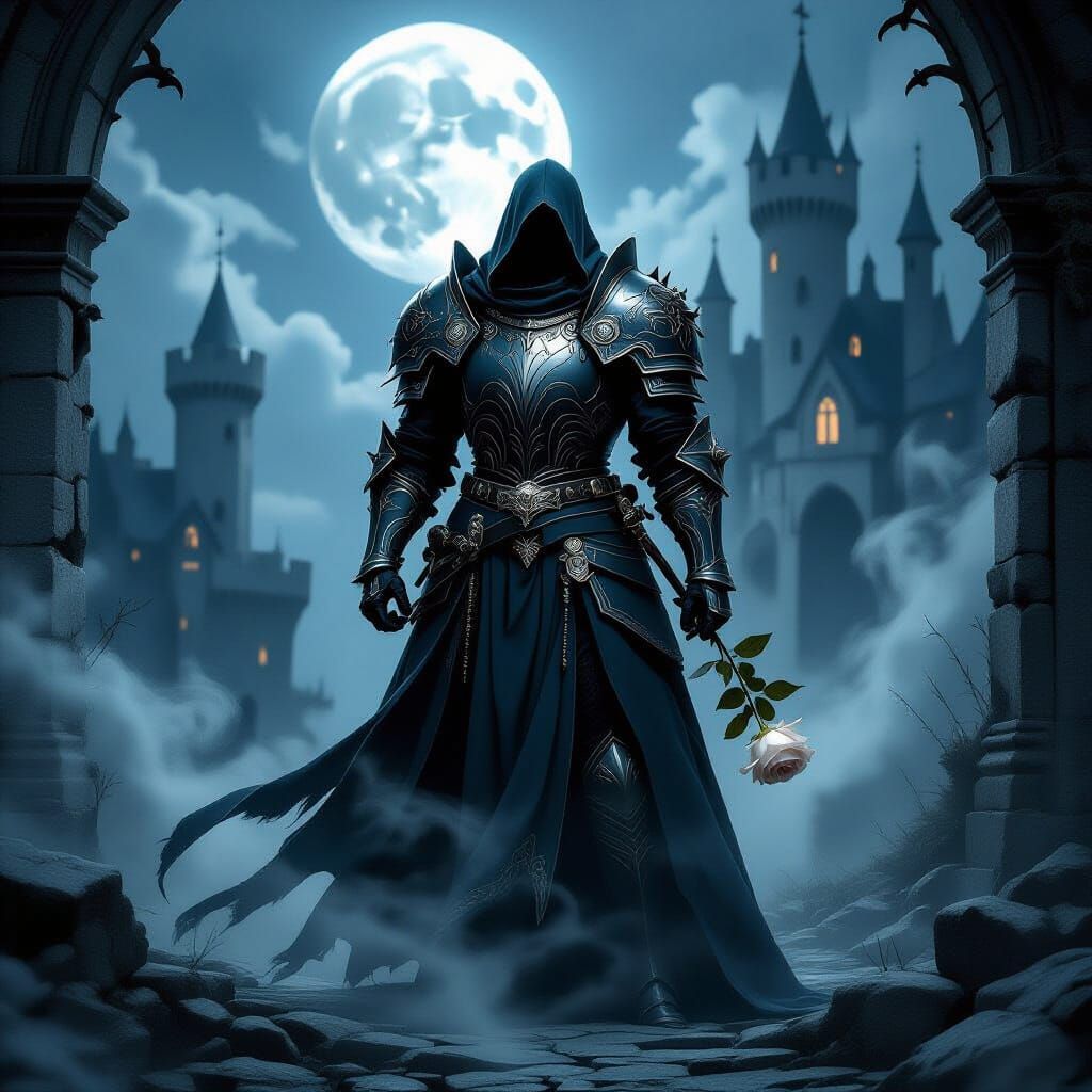 Gothic Knight Before Moonlit Castle in Ethereal Mist