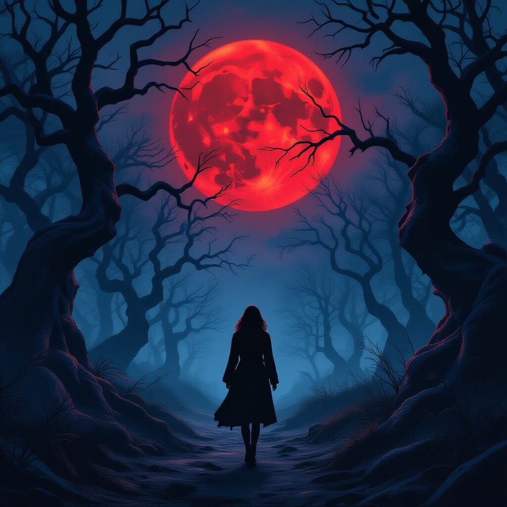 Mystical Forest Walker Under Red Moon
