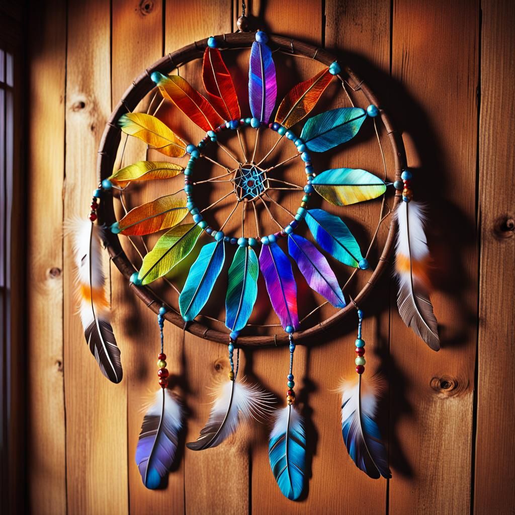 Multichromatic Stained Glass Dreamcatcher with Beaded Feathe...