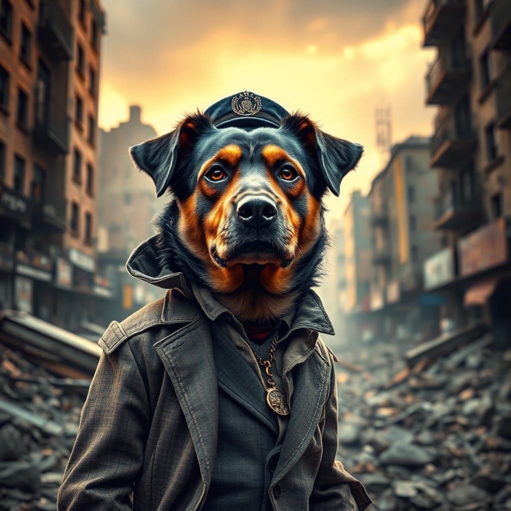 Heroic Dog Portrait in Ruined City