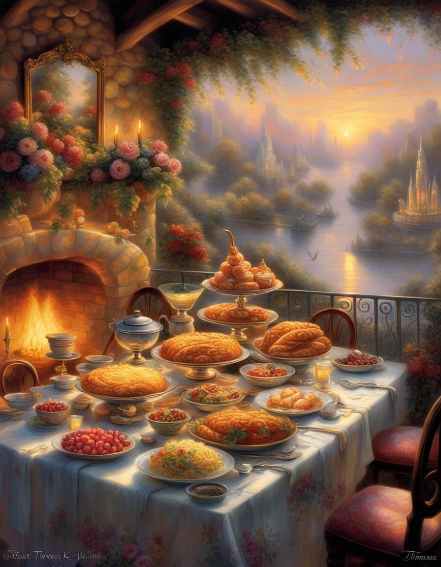 Extravagant Feast in Golden Light, Hyperdetailed Fantasy