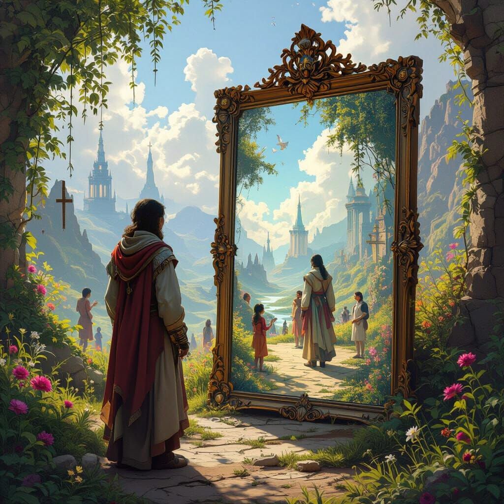 Ornate Mirror Reflects Utopian Alternate Reality