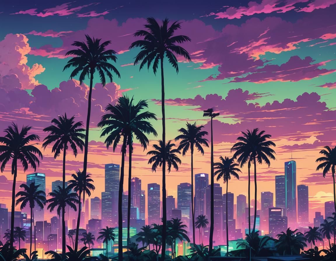 Vaporwave Cityscape with Palm Trees in Manga Style