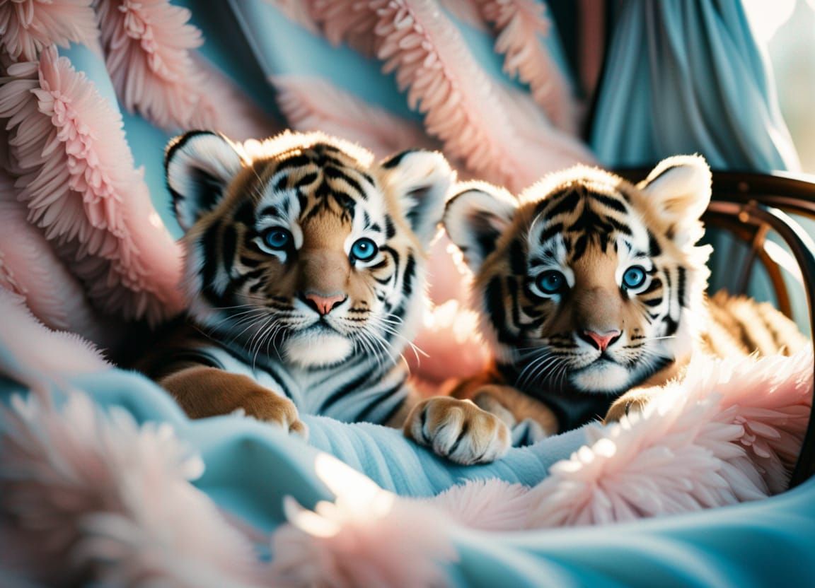 Tiger Cubs Cuddled in Antique Carriage