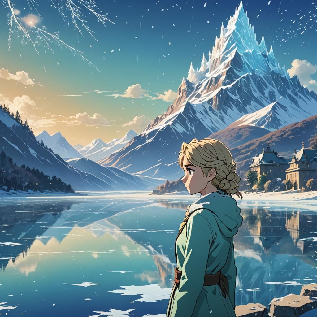 Elsa at Frozen Lake in Anime Style