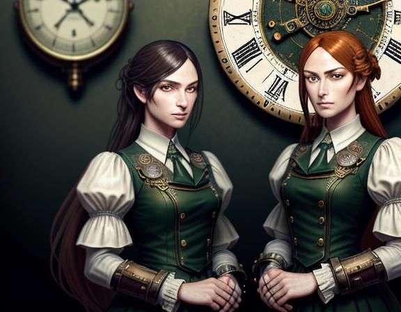 Steampunk Twins in Time Machine: Dark Fantasy Art