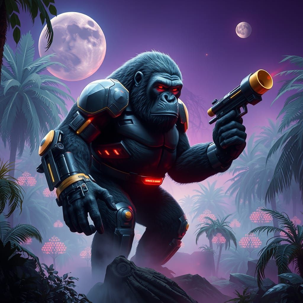 Futuristic Cybernetic Gorilla in Alien Jungle