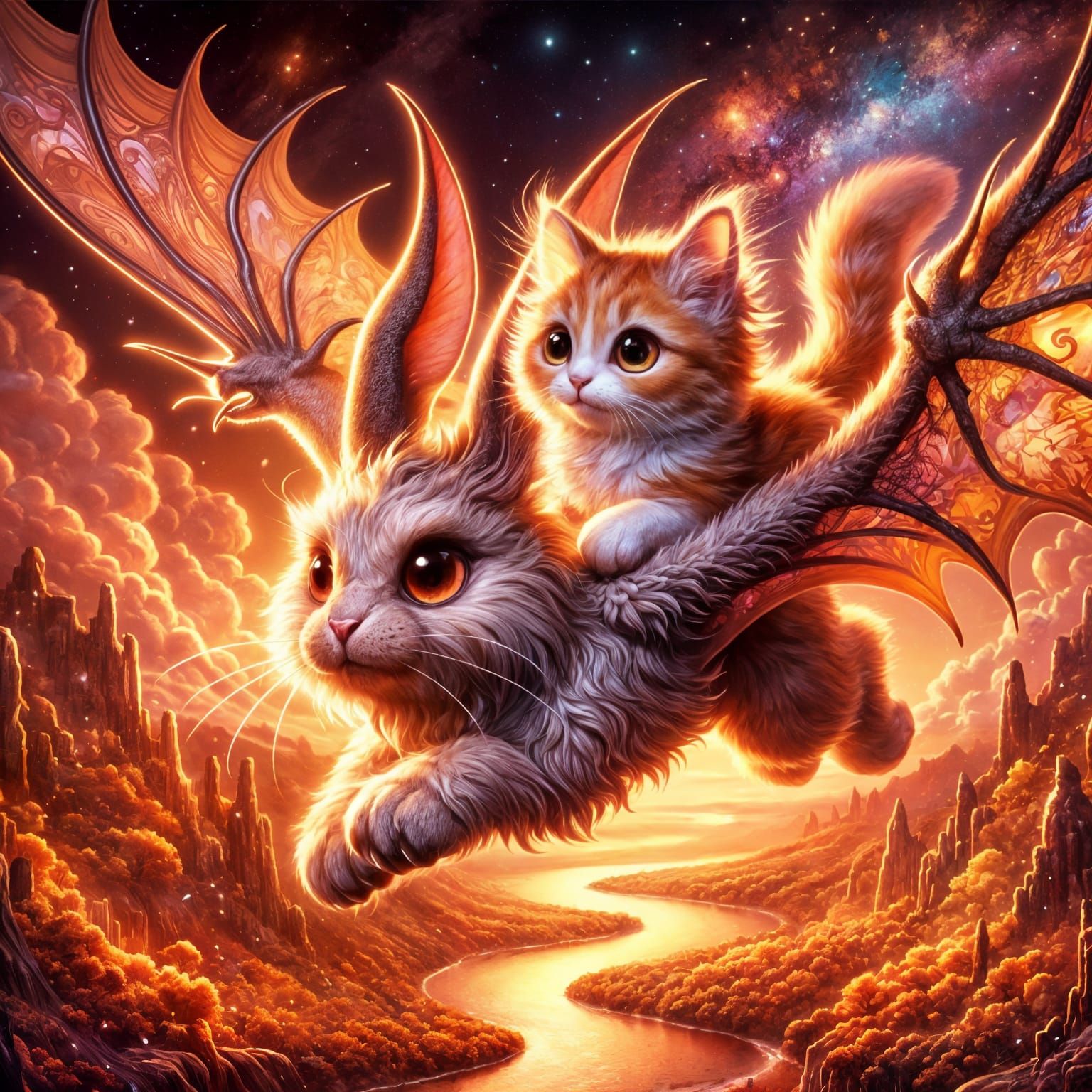 Enchanted Feline Rides a Glowing Flying Jackalope