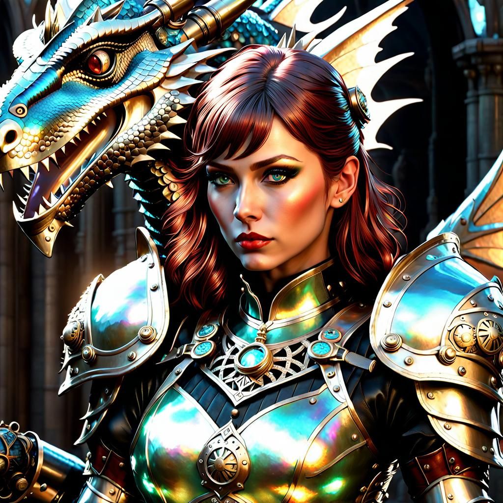 Female Knight with Dragon in Steampunk Armor