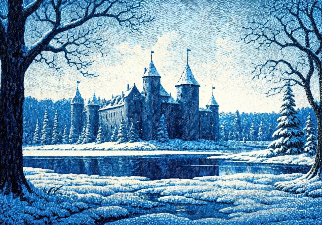 Winter Castle in Pointillism Style
