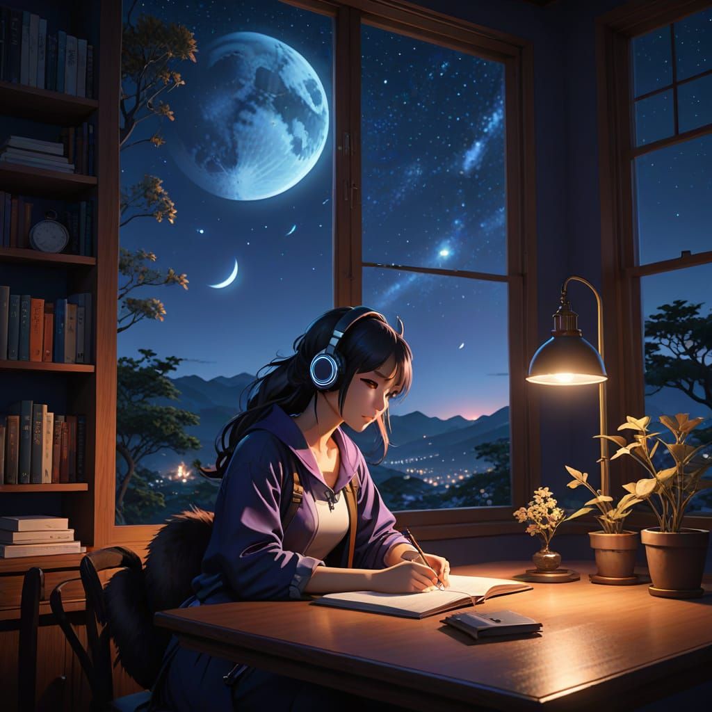 Lofi Girl Under Starry Night Sky in Vibrant 3D Anime Art