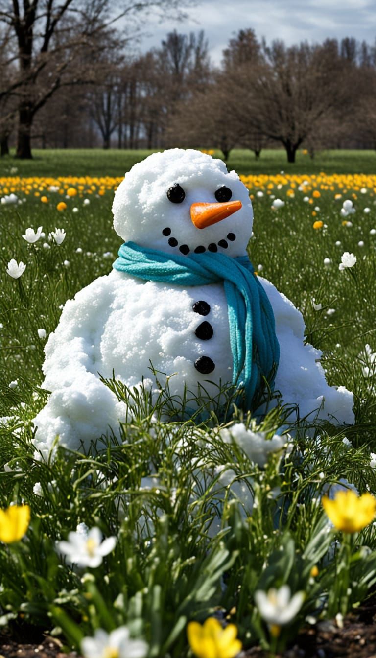Sad Snowman Melts in Spring