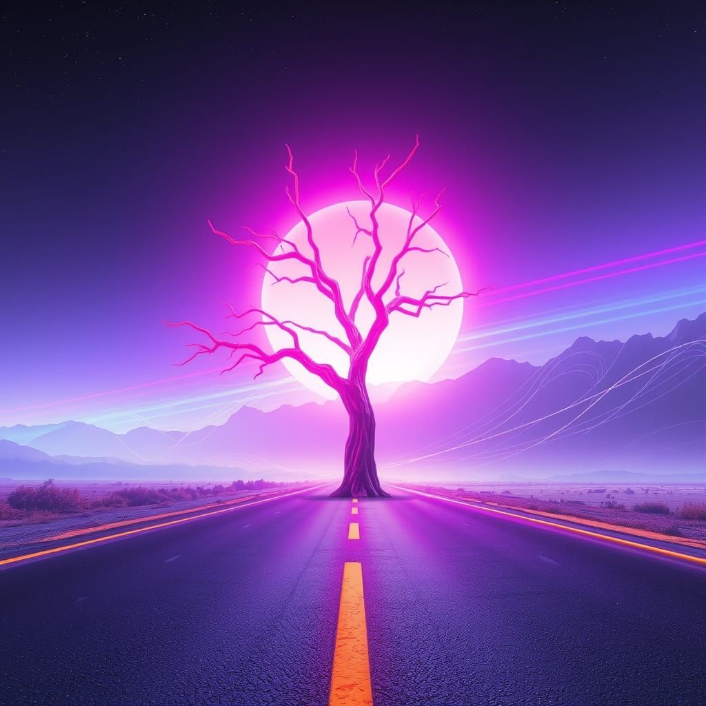 Neon Tree on Highway in Retro-Futuristic 3D Style