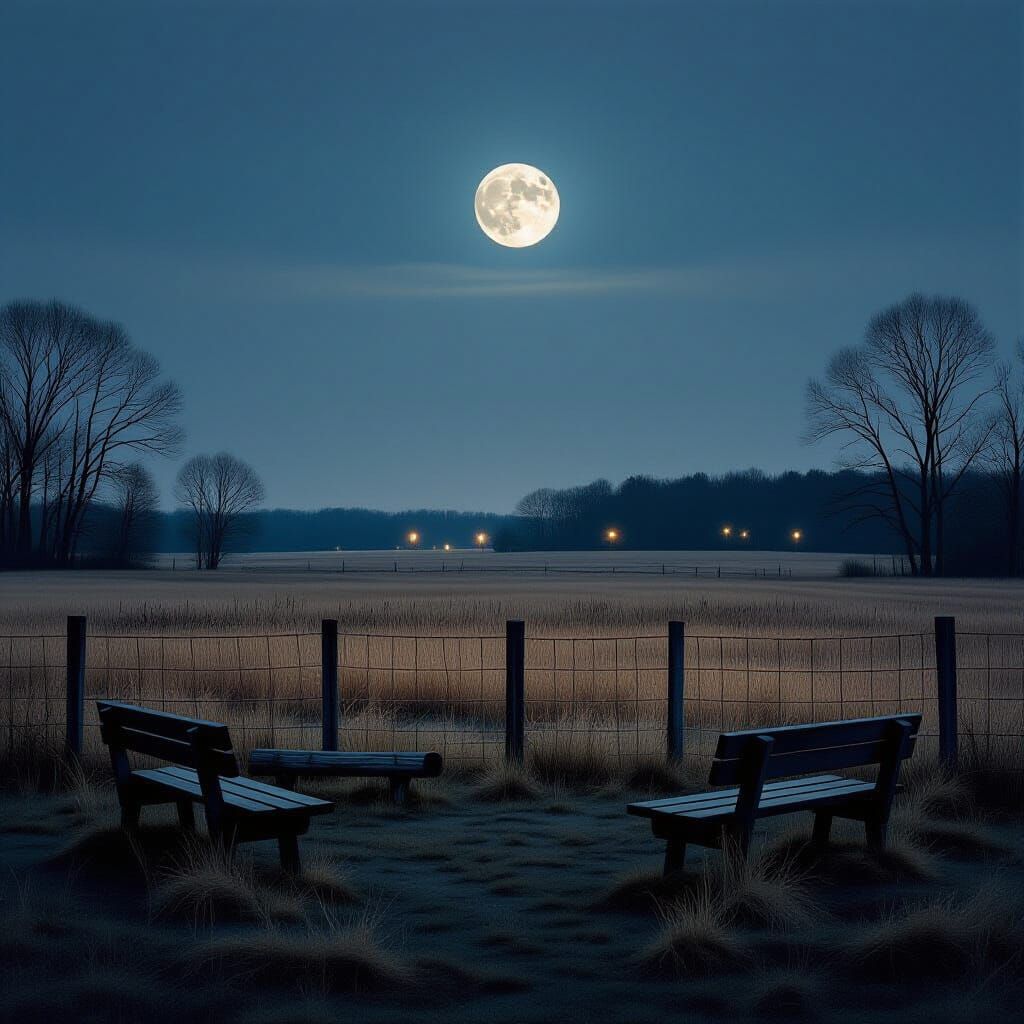Deserted Field at Night Under Pale Moonlight