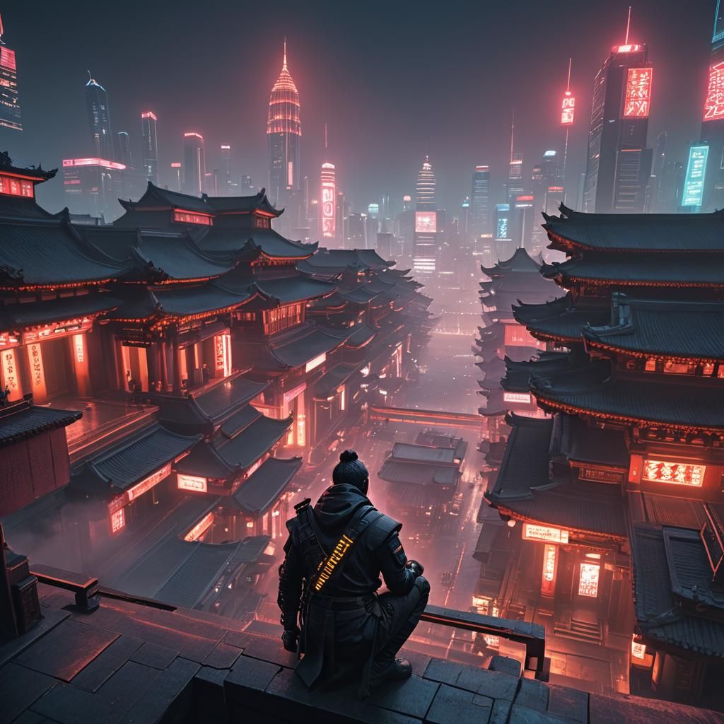 Ninja Watches Cyberpunk City From Temple Corner