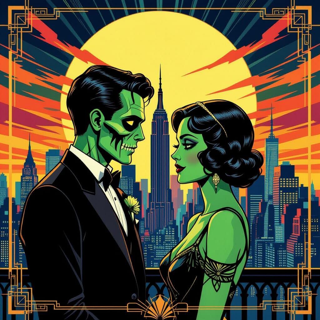 Art Deco Zombie Couple Amidst NYC Skyline