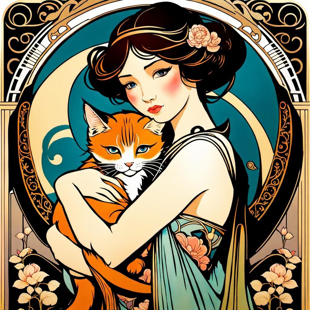 Art Nouveau Woman with Cat Illustration