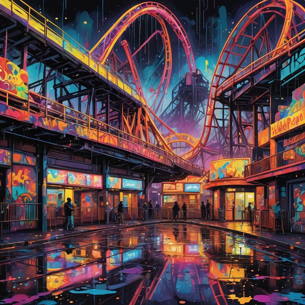 Neon Amusement Park at Night in Cyberpunk Style