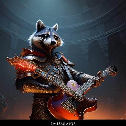 Raccoon Rocker Shreds Guitar for King: Fantasy Art