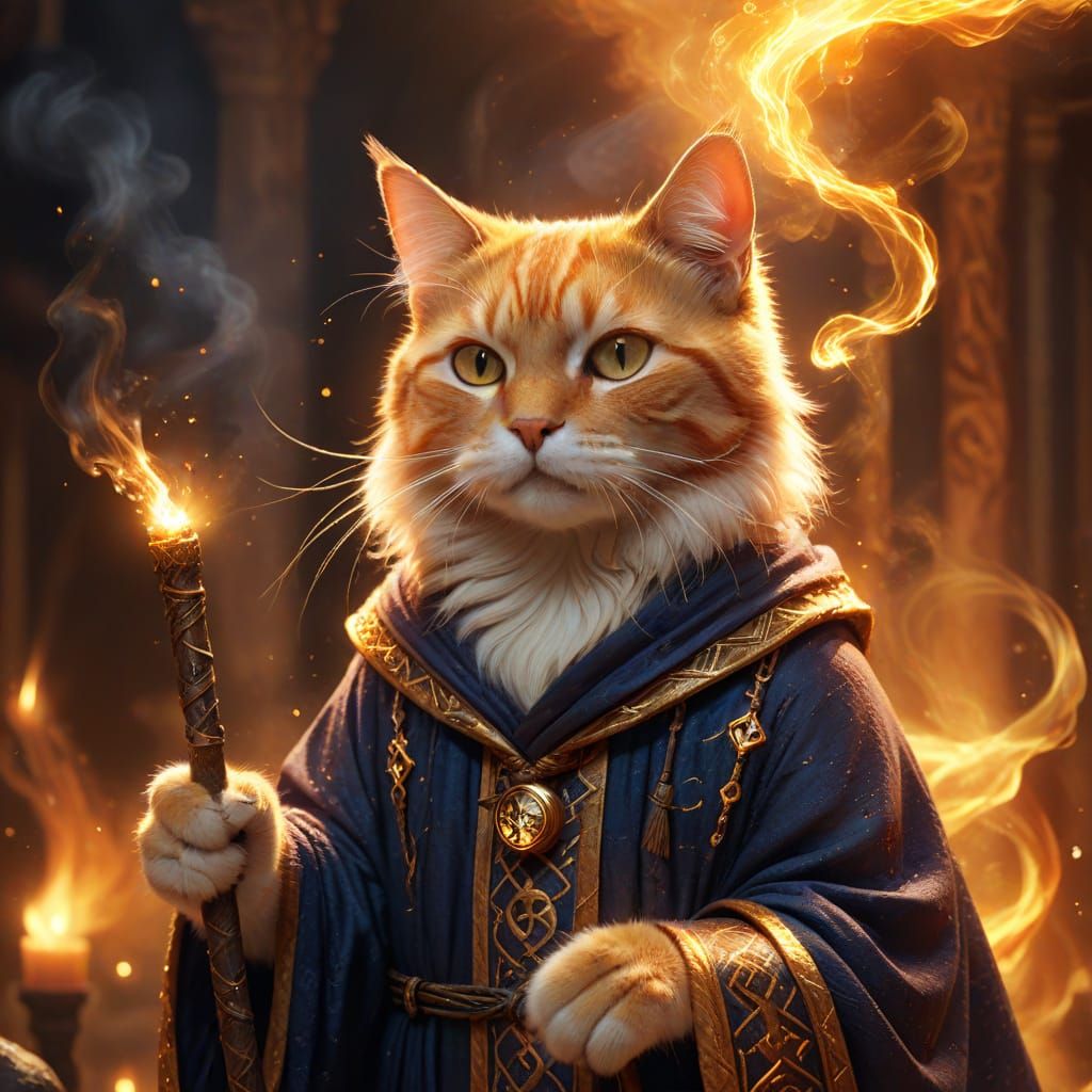Mystical Feline Wizard in Vibrant Digital Painting