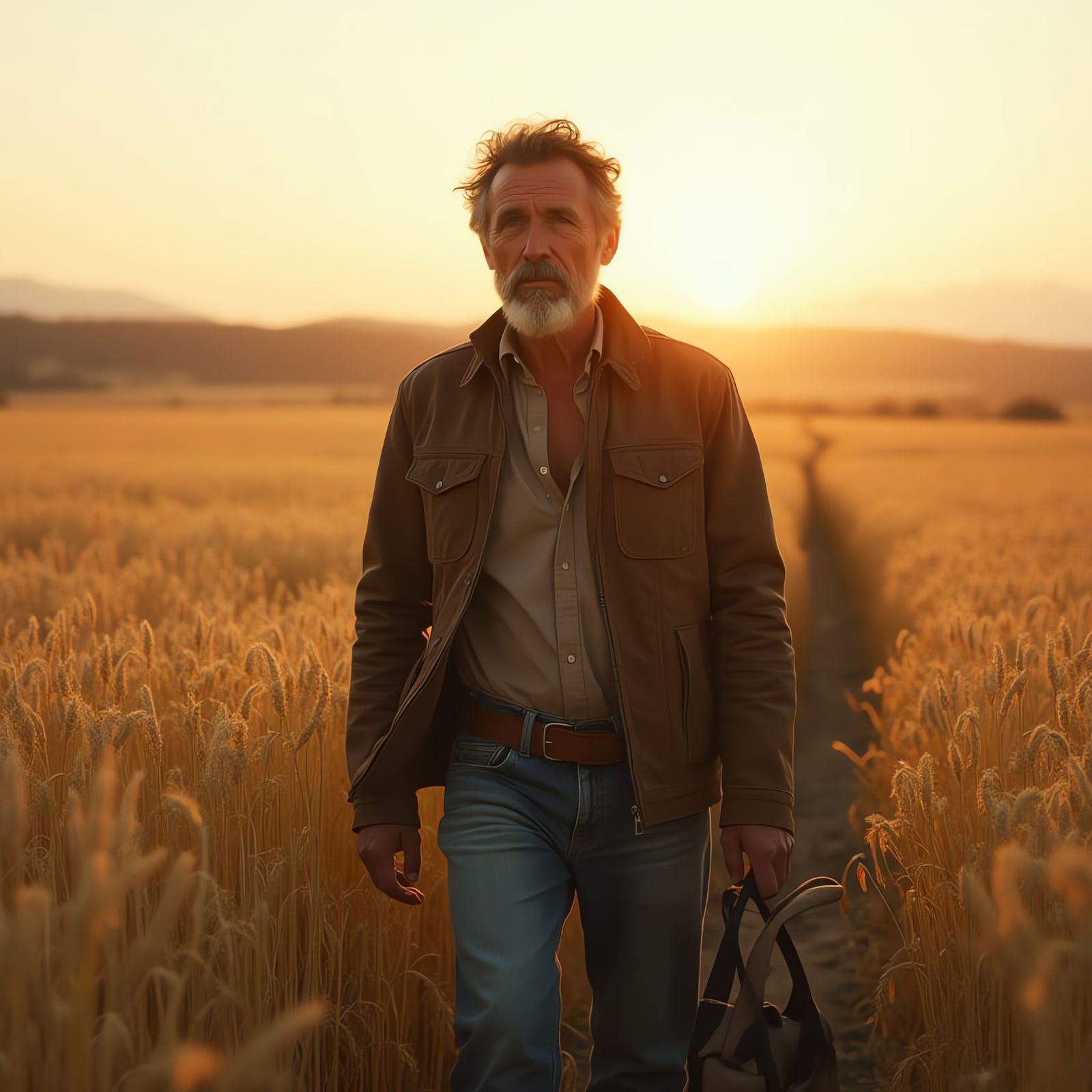 Weathered Traveler Amidst Golden Wheat