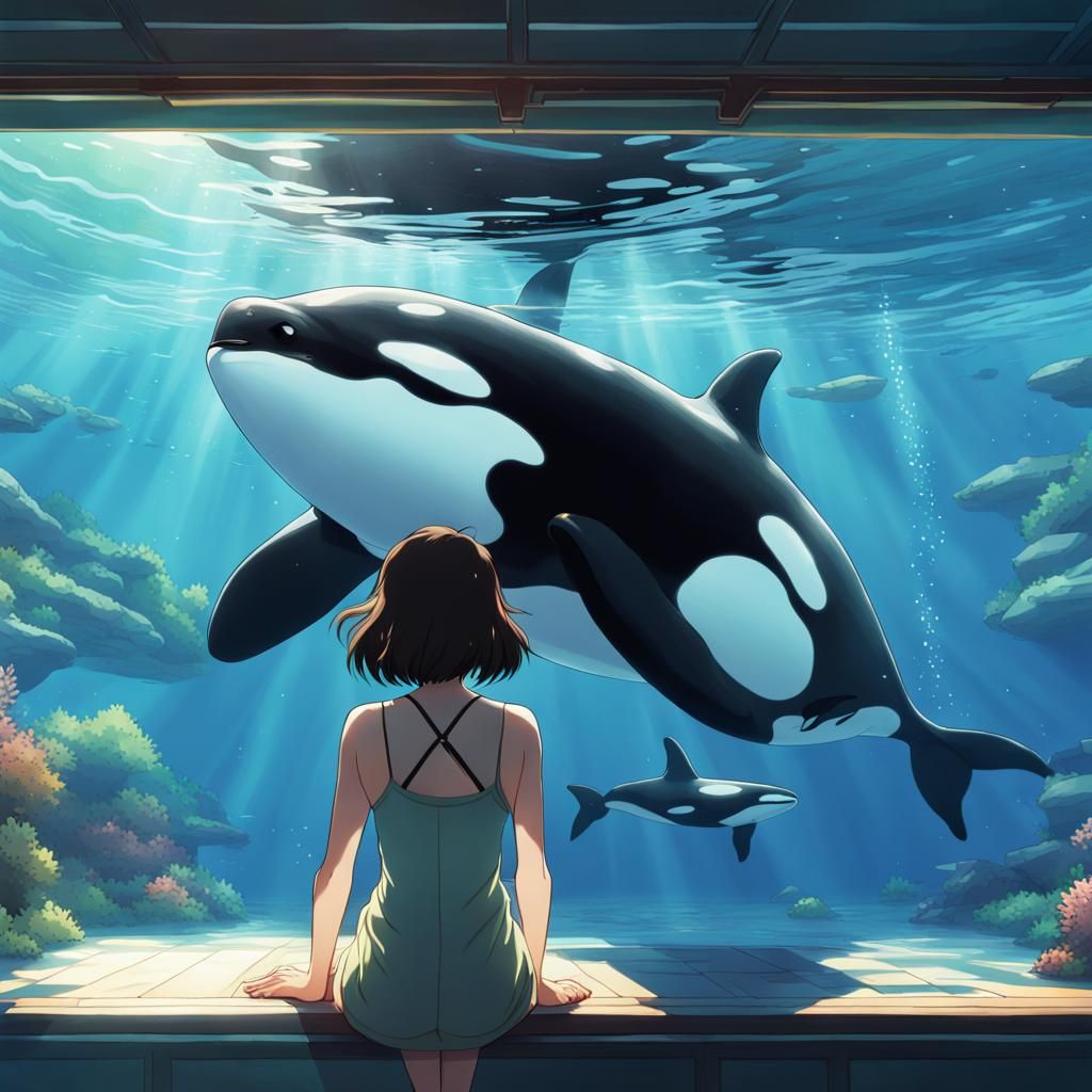 Girl Swimming with Orca in Anime Style